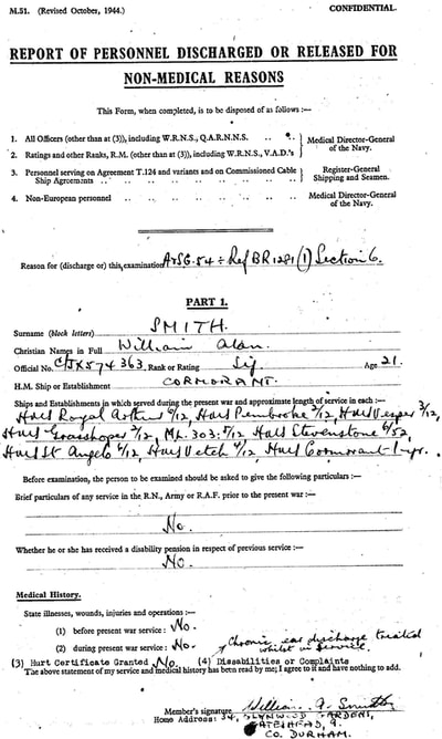 Page 1 - William Alan Smith Royal Navy discharge papers.